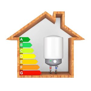 Modern Automatic Water Heater with Energy Efficiency Rating Chart in Abstract Wooden Ecological House on a white background. 3d Rendering